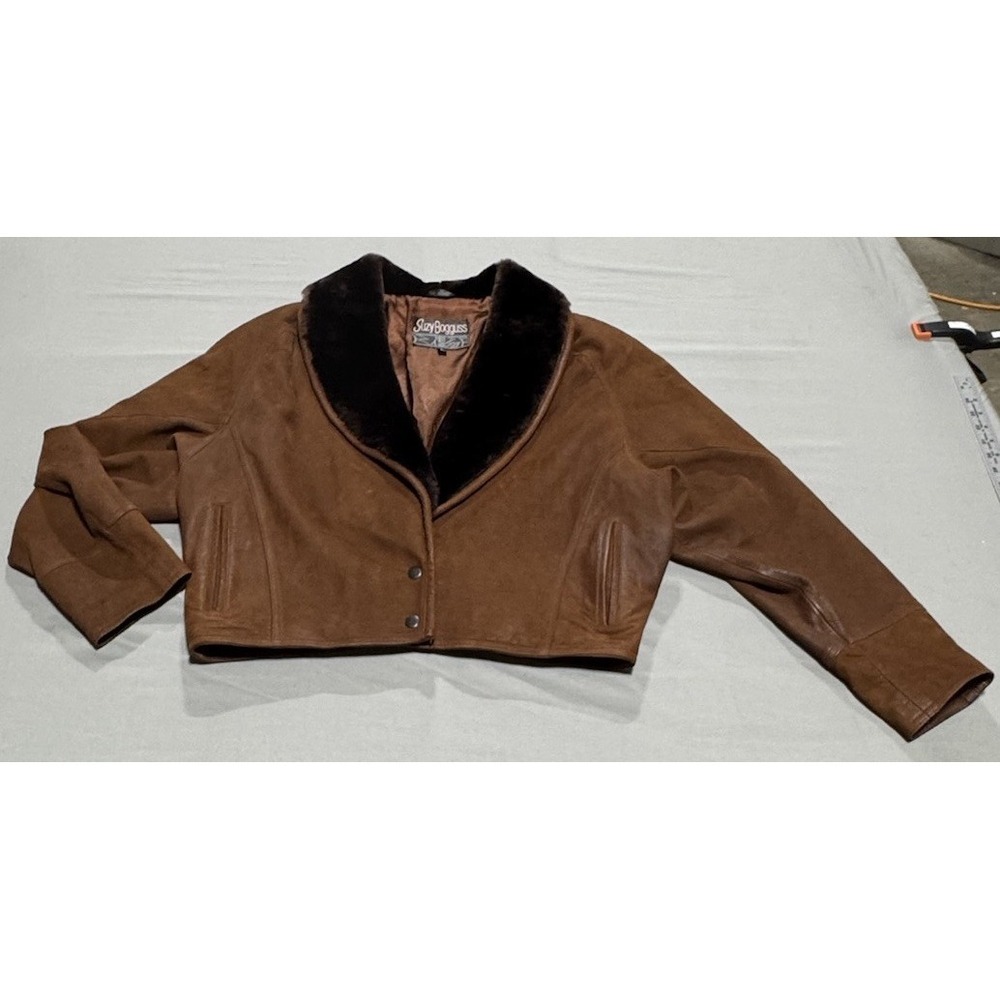 Suzy Bogguss Brown Suede Leather Jacket Womens Large Fur Collar Vintage Western
